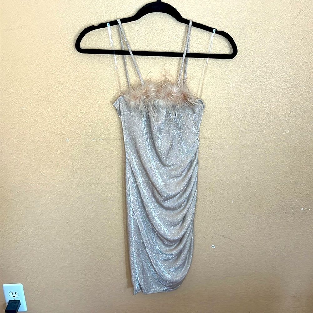 Gold Champagne Faux Feather Trim Sparkle Mini Bodycon Spaghetti Party Dress M